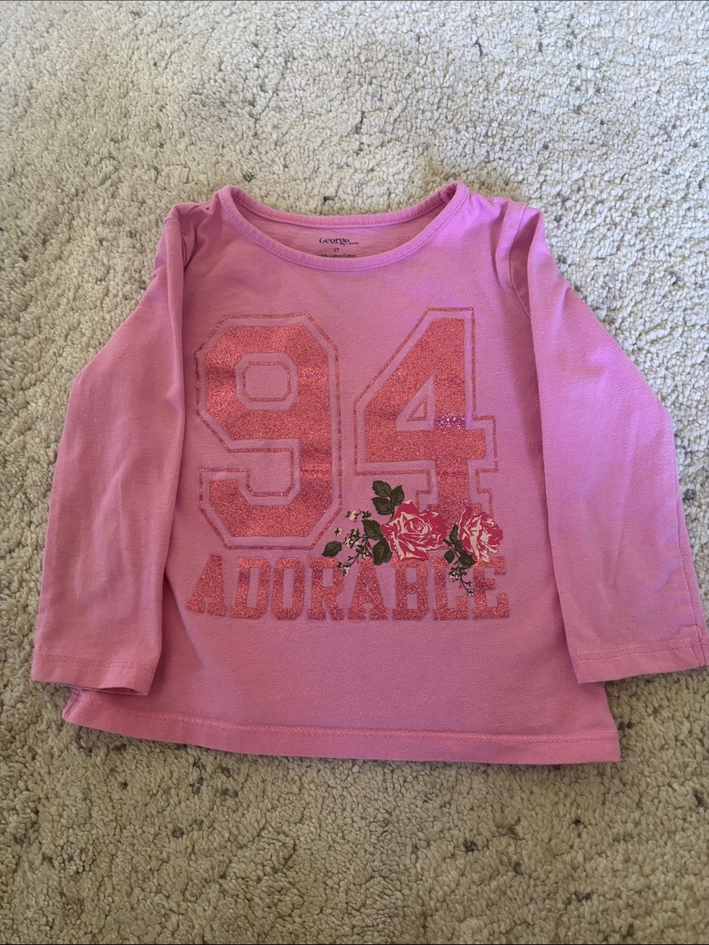 George kids Pink Long Sleeve Tee with Glitter '94 Adorable' and Floral Graphic